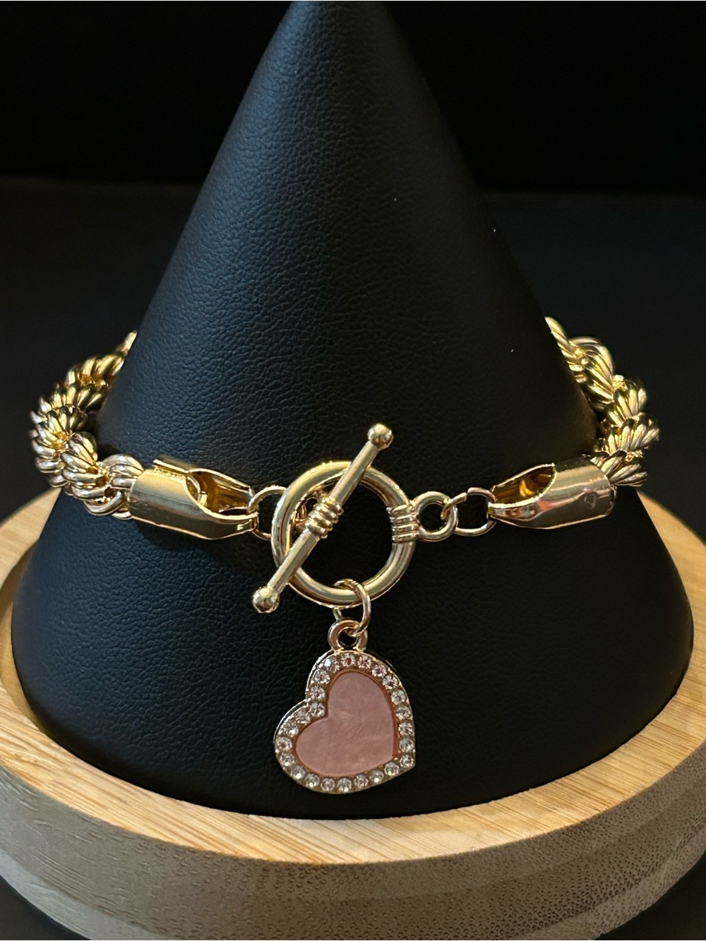 Ella 4mm Gold Rope Bracelet with Pink Heart 🩷Charm and Toggle Clasp 8” Inches